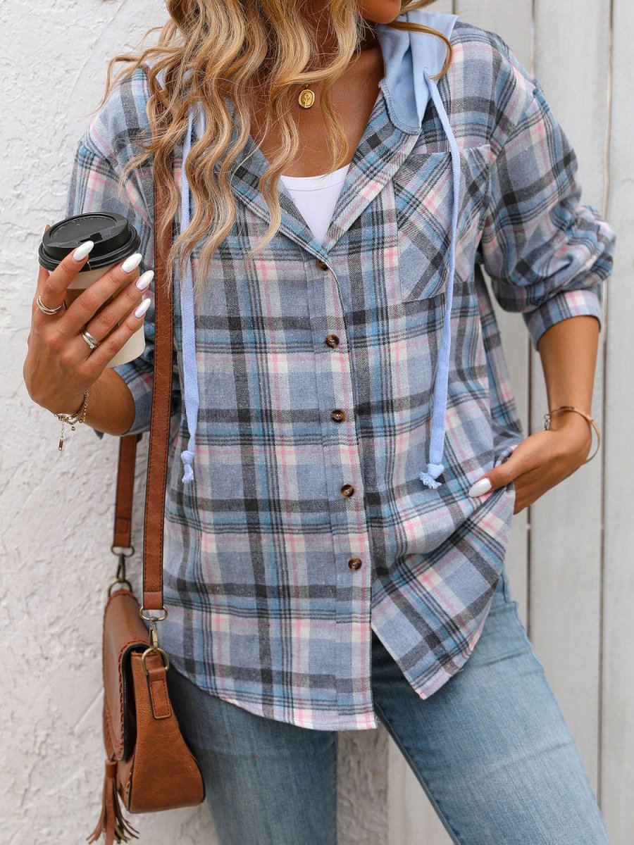 Plaid Long Sleeve Hooded Jacket - Outerwear