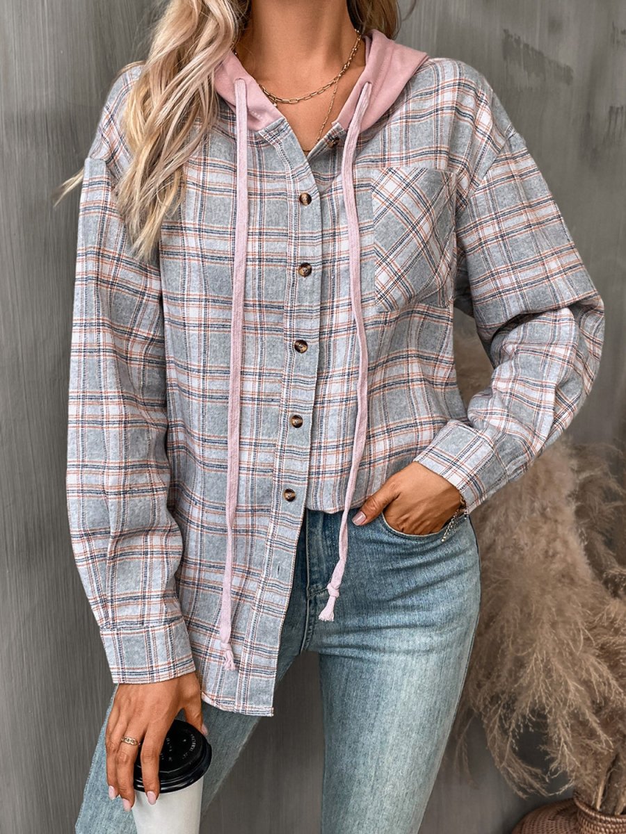 Plaid Long Sleeve Hooded Jacket - Outerwear