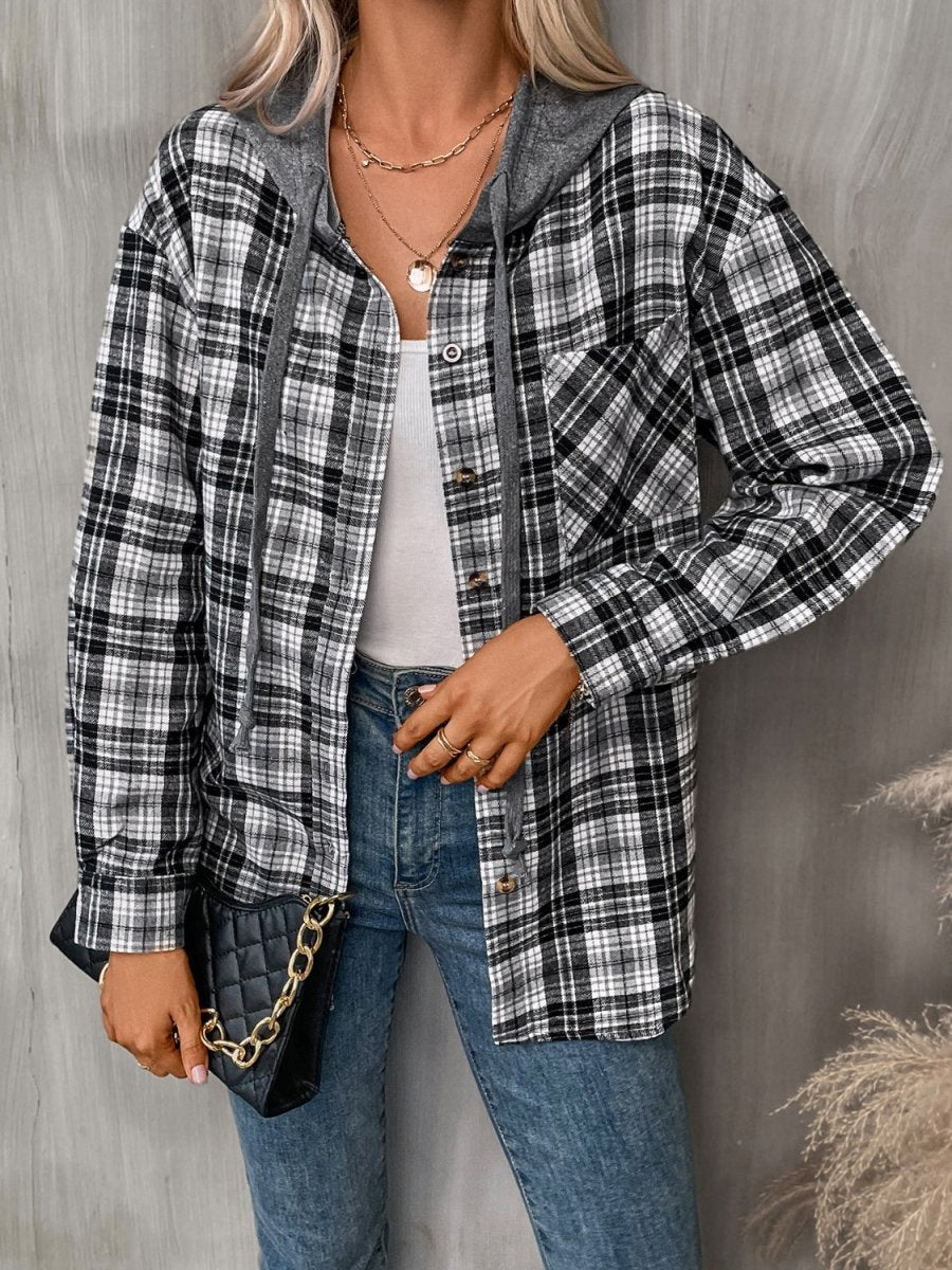 Plaid Long Sleeve Hooded Jacket - Outerwear