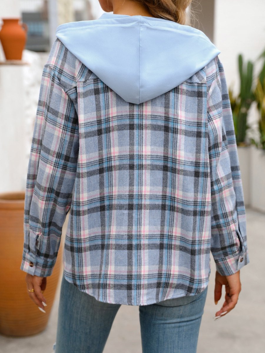 Plaid Long Sleeve Hooded Jacket - Outerwear