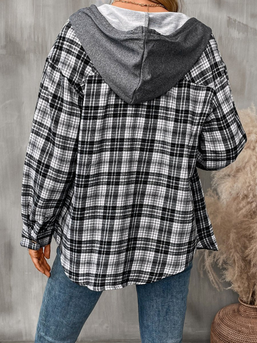 Plaid Long Sleeve Hooded Jacket - Outerwear