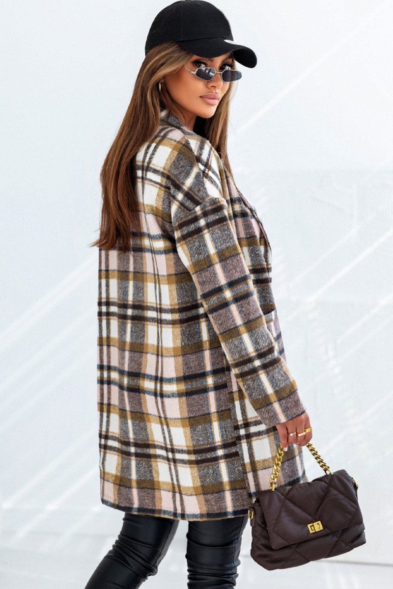 Plaid Longline Jacket with Pockets - Outerwear