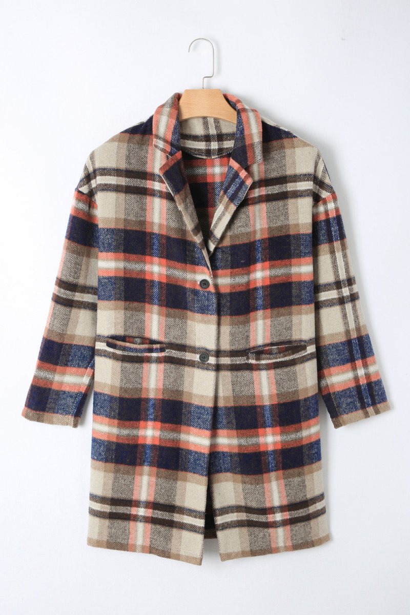 Plaid Longline Jacket with Pockets - Outerwear