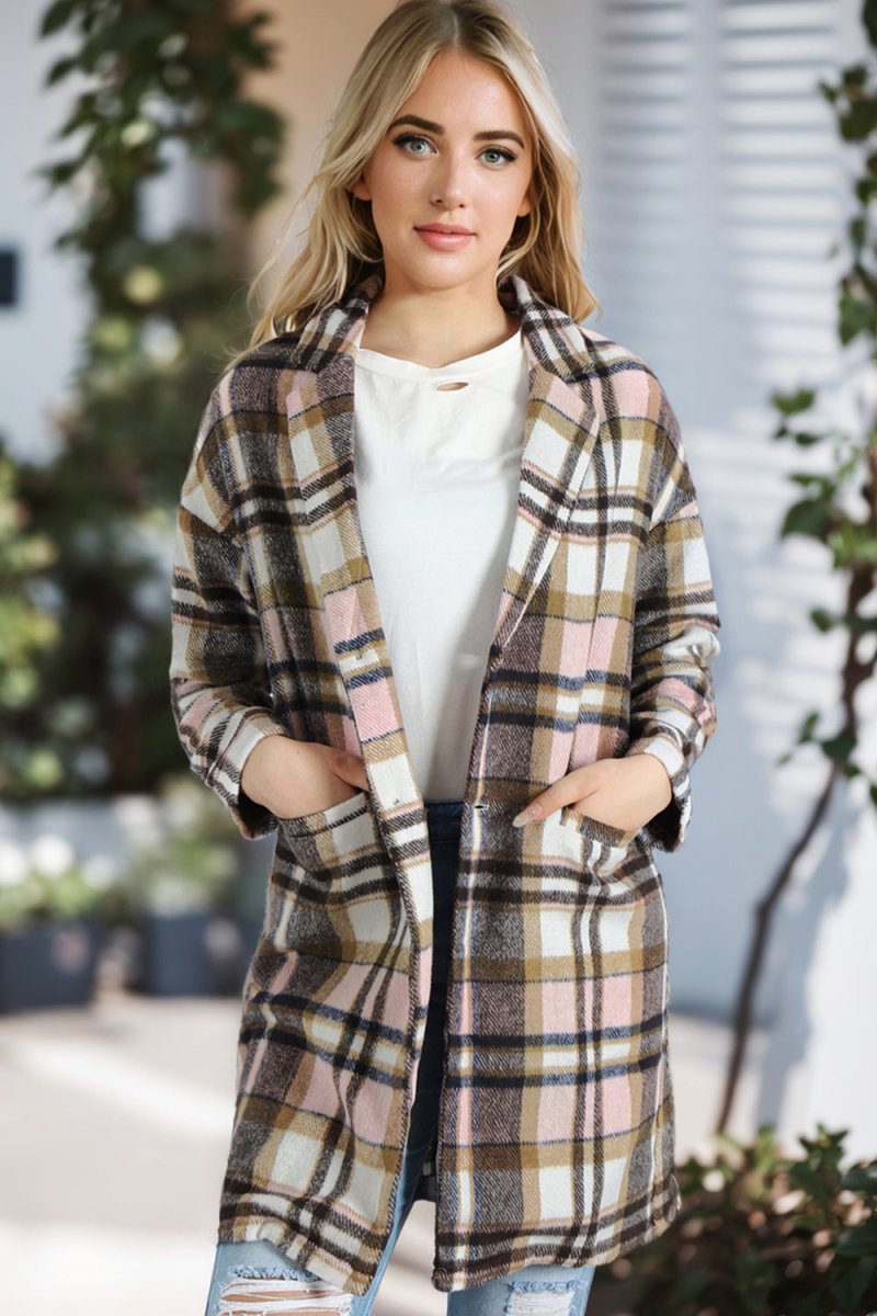 Plaid Longline Jacket with Pockets - Outerwear