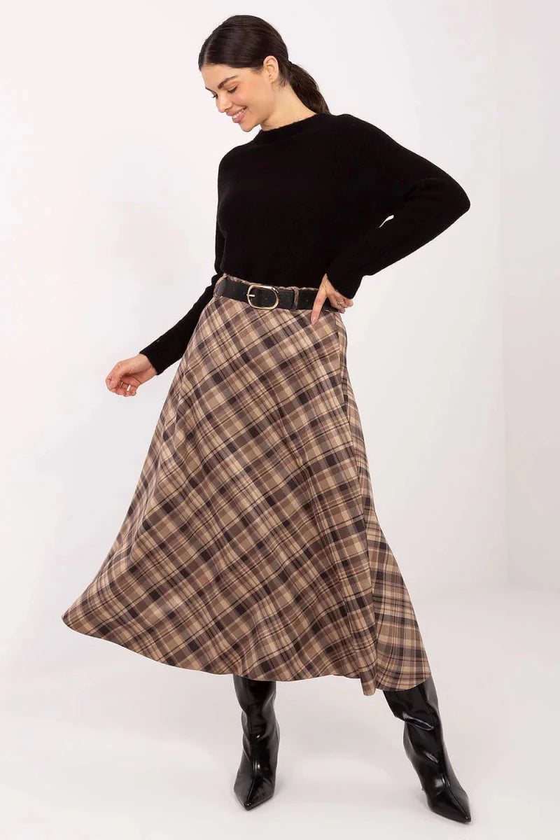 Plaid Midi Skirt with Belt - 