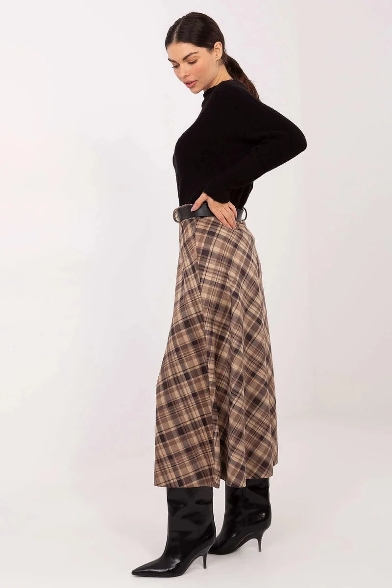 Plaid Midi Skirt with Belt - 