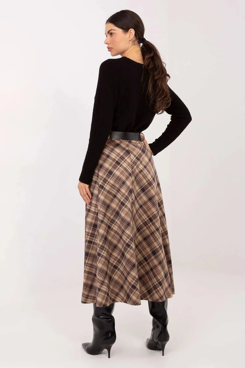 Plaid Midi Skirt with Belt - 