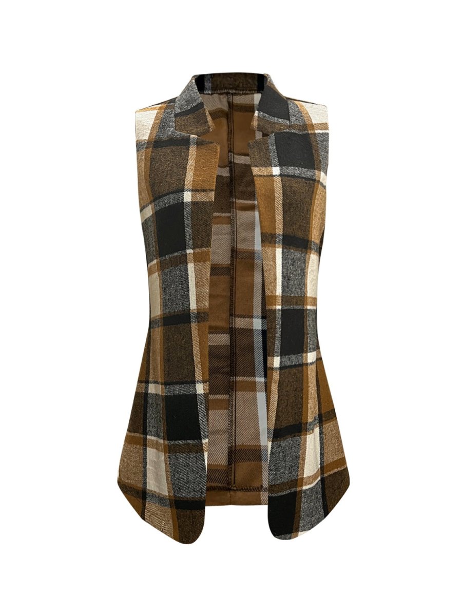 Plaid Open Front Collared Neck Vest - Outerwear