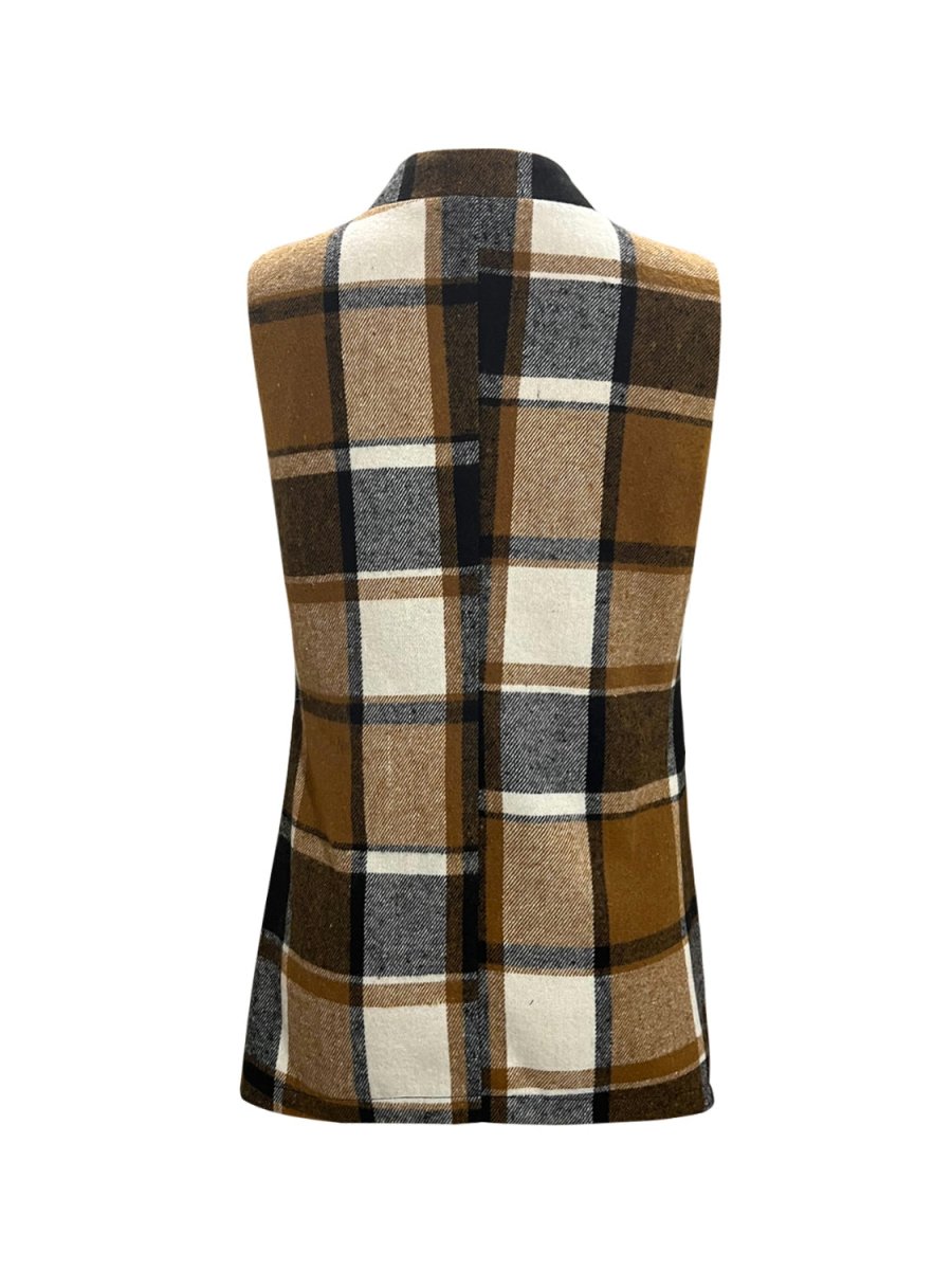 Plaid Open Front Collared Neck Vest - Outerwear