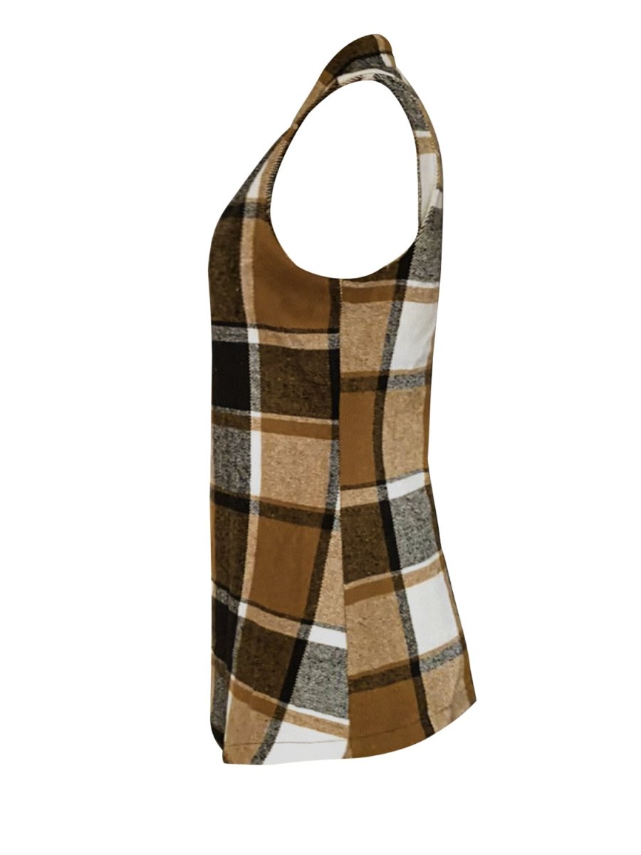 Plaid Open Front Collared Neck Vest - Outerwear