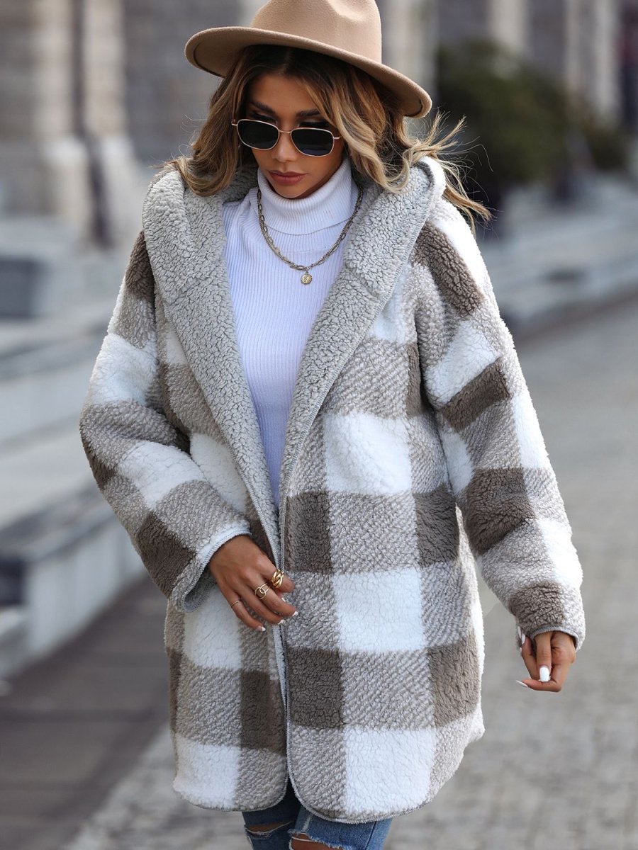 Plaid Open Front Hooded Coat - Outerwear