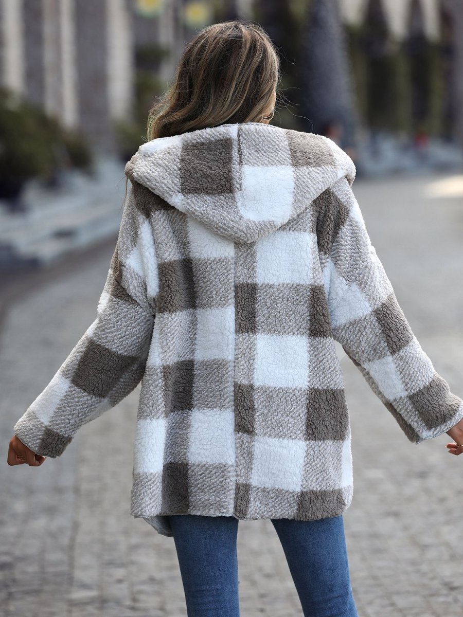 Plaid Open Front Hooded Coat - Outerwear