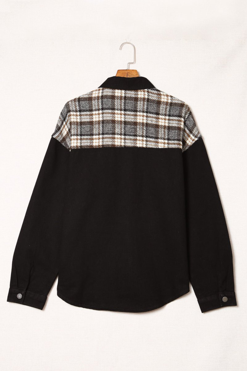 Plaid Pocketed Button Up Denim Jacket - Outerwear