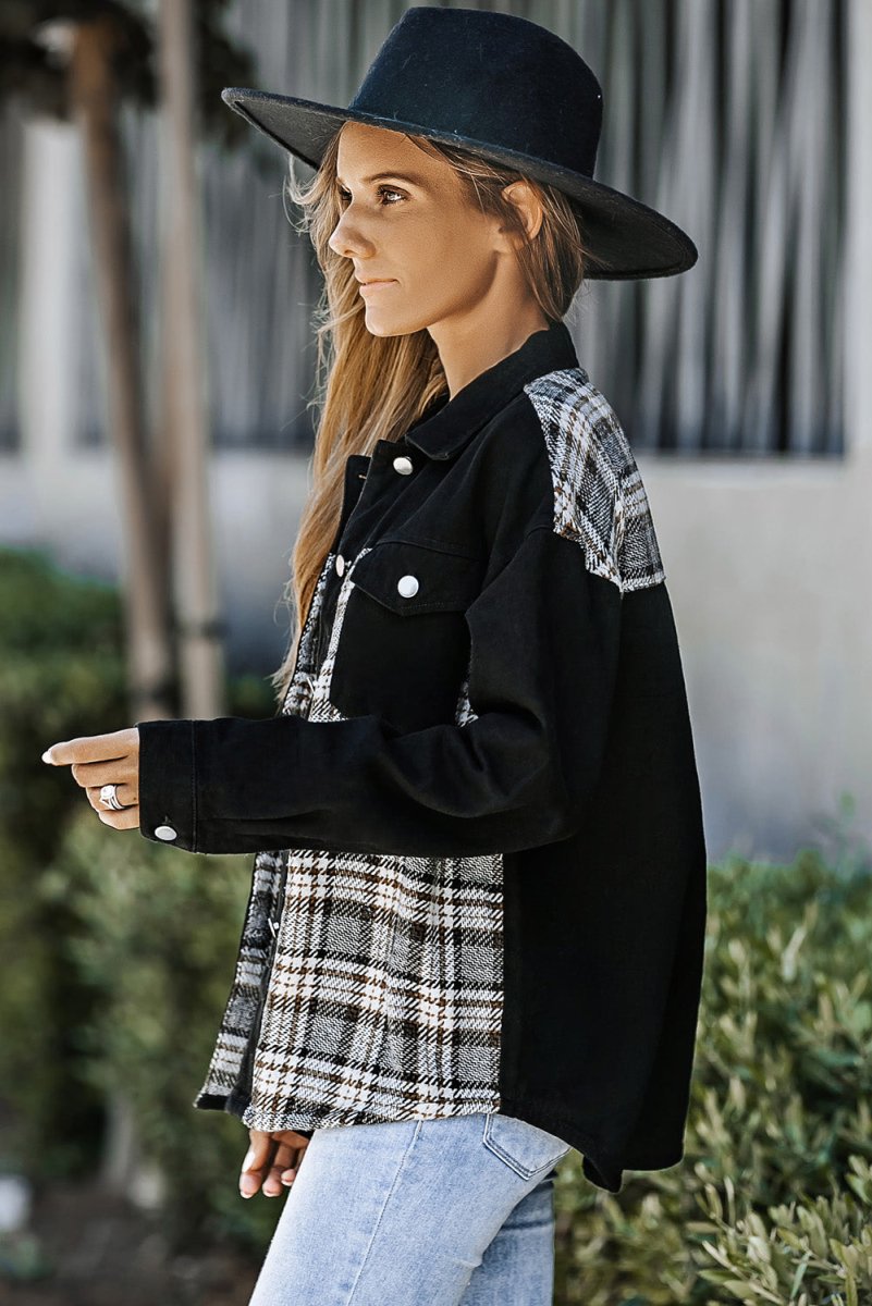 Plaid Pocketed Button Up Denim Jacket - Outerwear