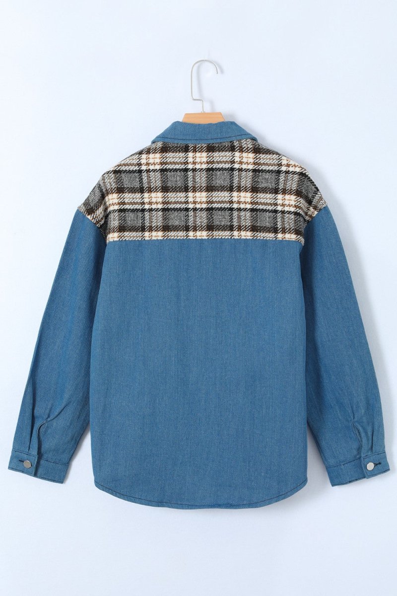 Plaid Pocketed Button Up Denim Jacket - Outerwear