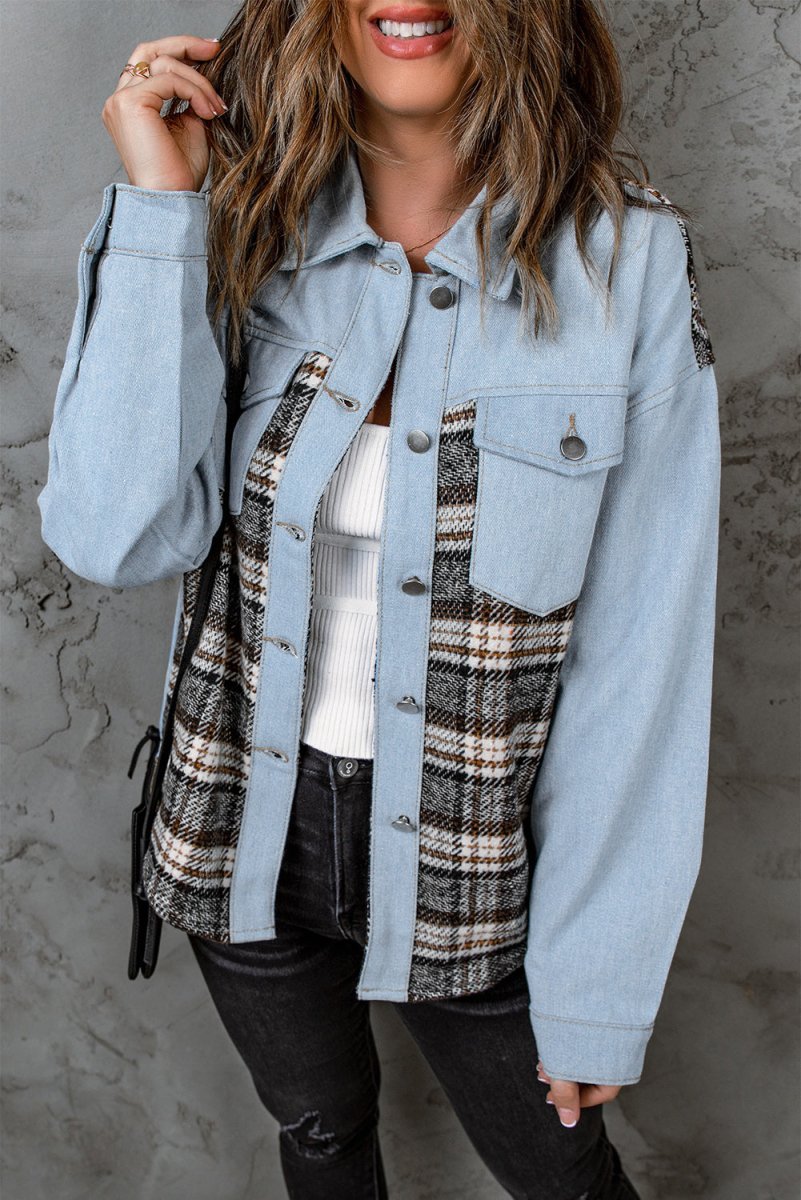 Plaid Pocketed Button Up Denim Jacket - Outerwear