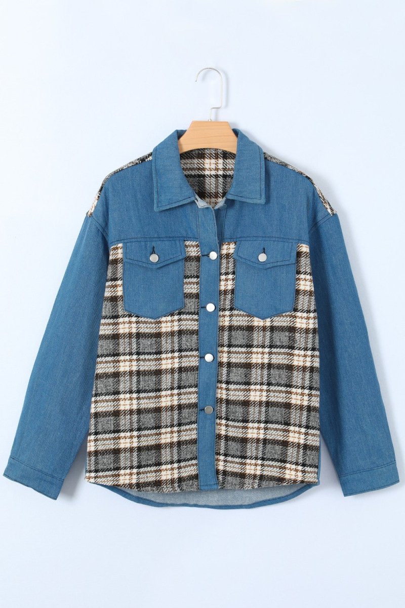 Plaid Pocketed Button Up Denim Jacket - Outerwear