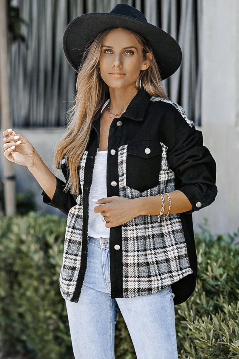 Plaid Pocketed Button Up Denim Jacket - Outerwear
