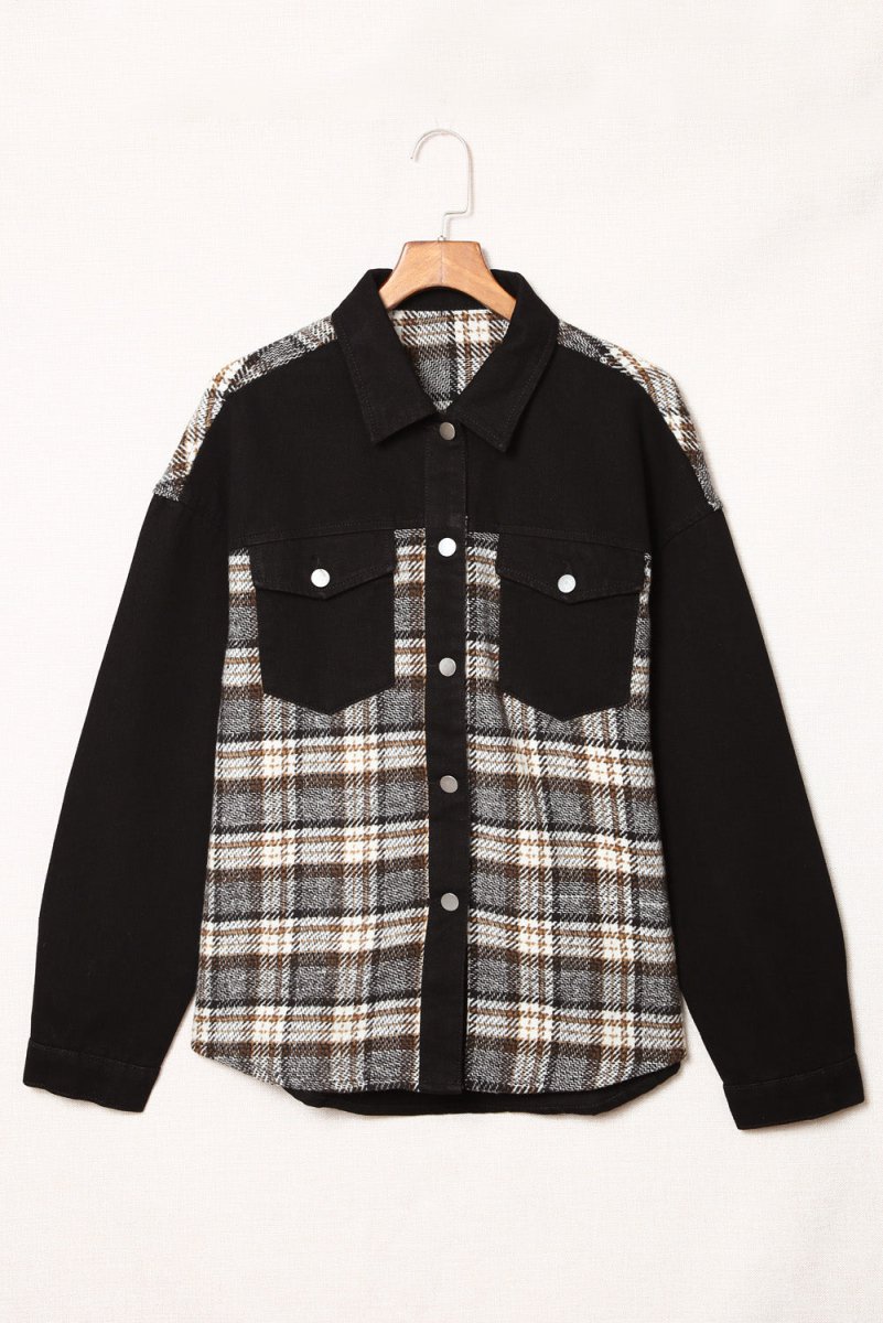 Plaid Pocketed Button Up Denim Jacket - Outerwear