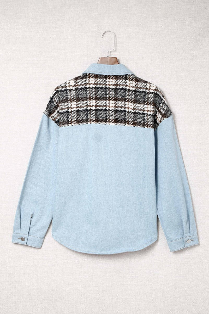 Plaid Pocketed Button Up Denim Jacket - Outerwear