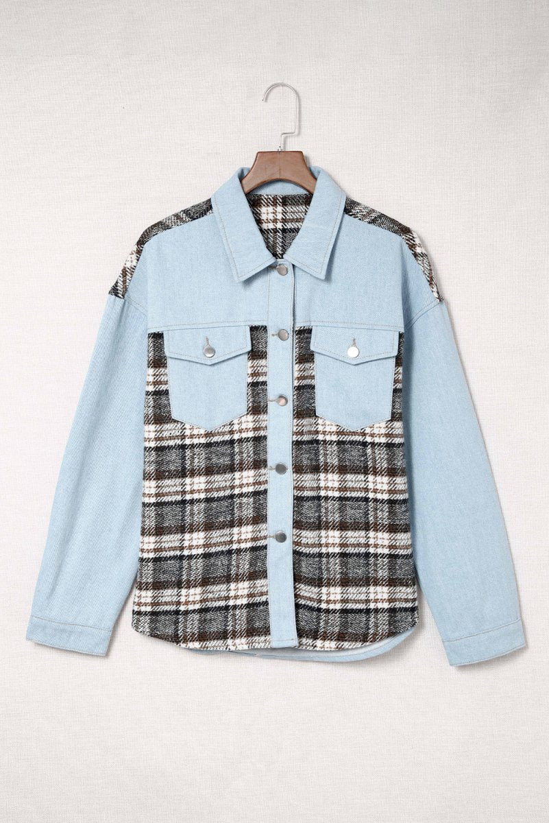 Plaid Pocketed Button Up Denim Jacket - Outerwear
