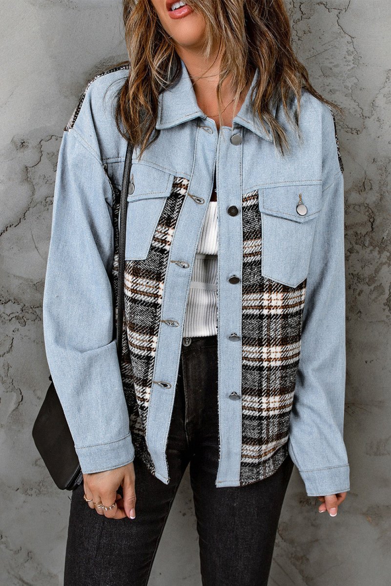 Plaid Pocketed Button Up Denim Jacket - Outerwear