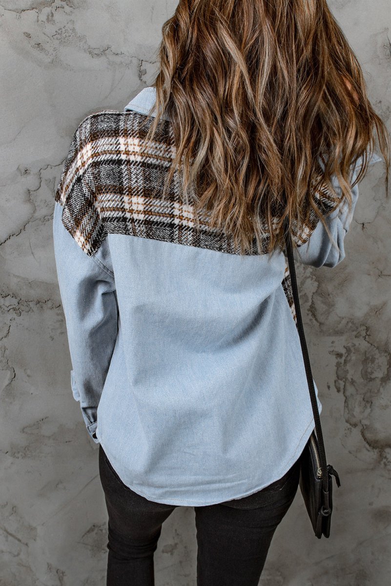 Plaid Pocketed Button Up Denim Jacket - Outerwear