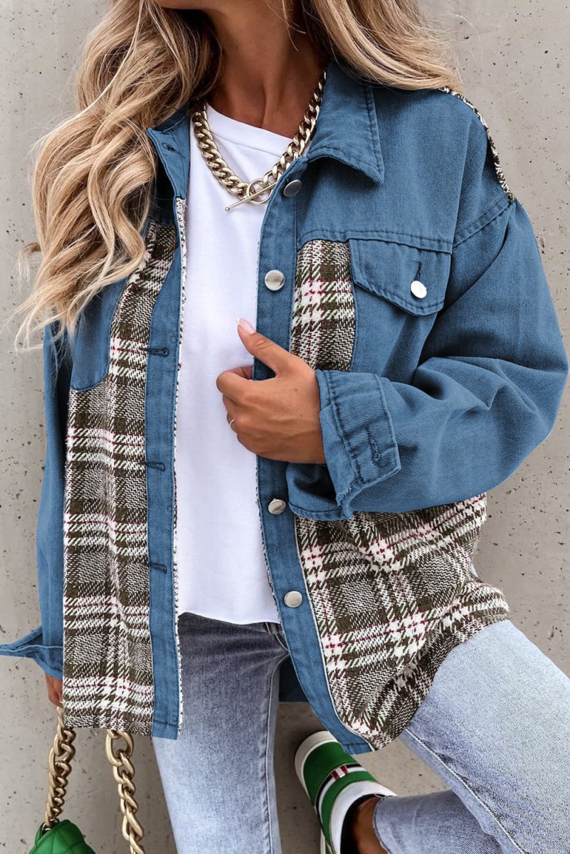 Plaid Pocketed Button Up Denim Jacket - Outerwear
