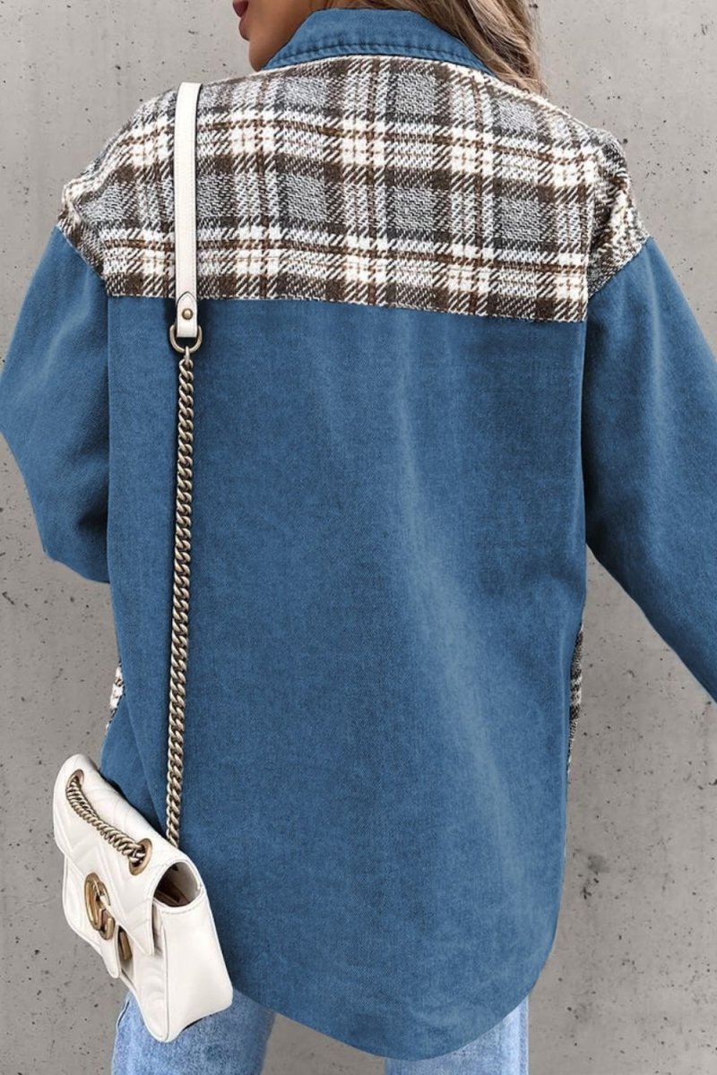 Plaid Pocketed Button Up Denim Jacket - Outerwear