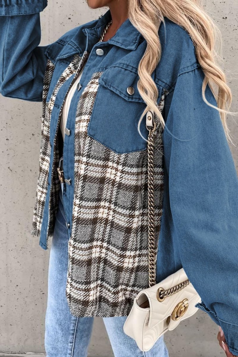 Plaid Pocketed Button Up Denim Jacket - Outerwear