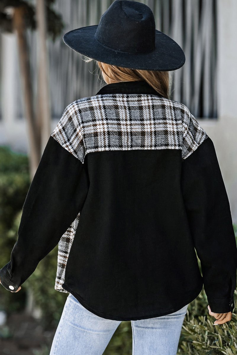 Plaid Pocketed Button Up Denim Jacket - Outerwear