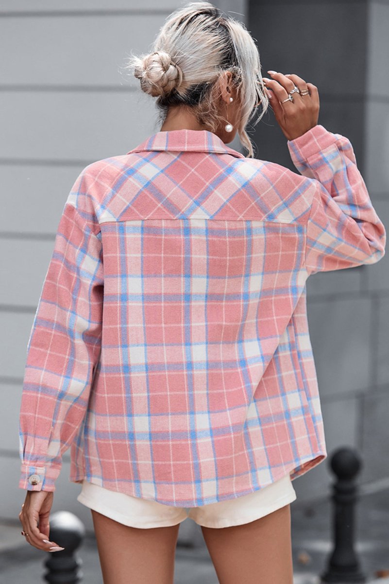 Plaid Pocketed Collared Neck Button Up Jacket - Outerwear