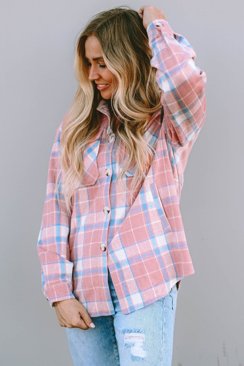 Plaid Pocketed Collared Neck Button Up Jacket - Outerwear