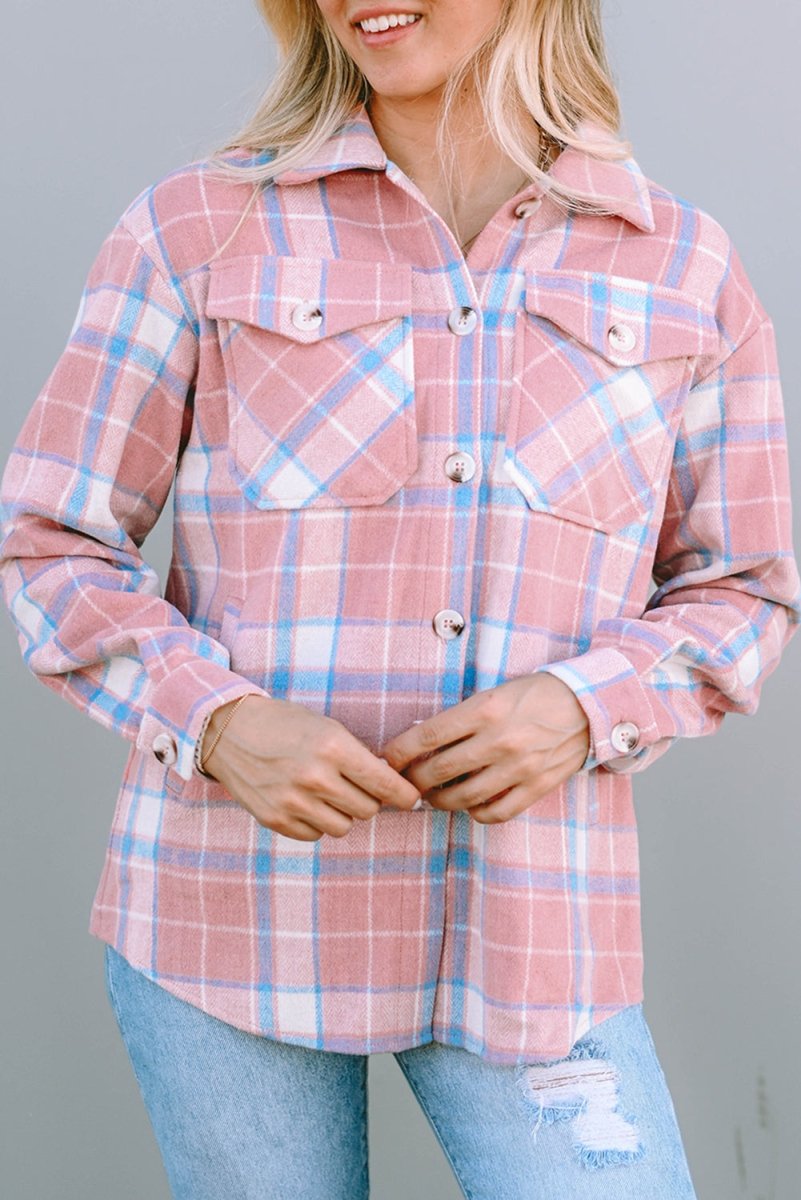 Plaid Pocketed Collared Neck Button Up Jacket - Outerwear
