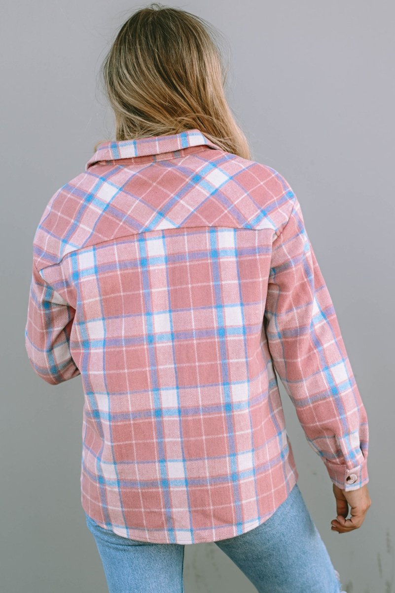 Plaid Pocketed Collared Neck Button Up Jacket - Outerwear