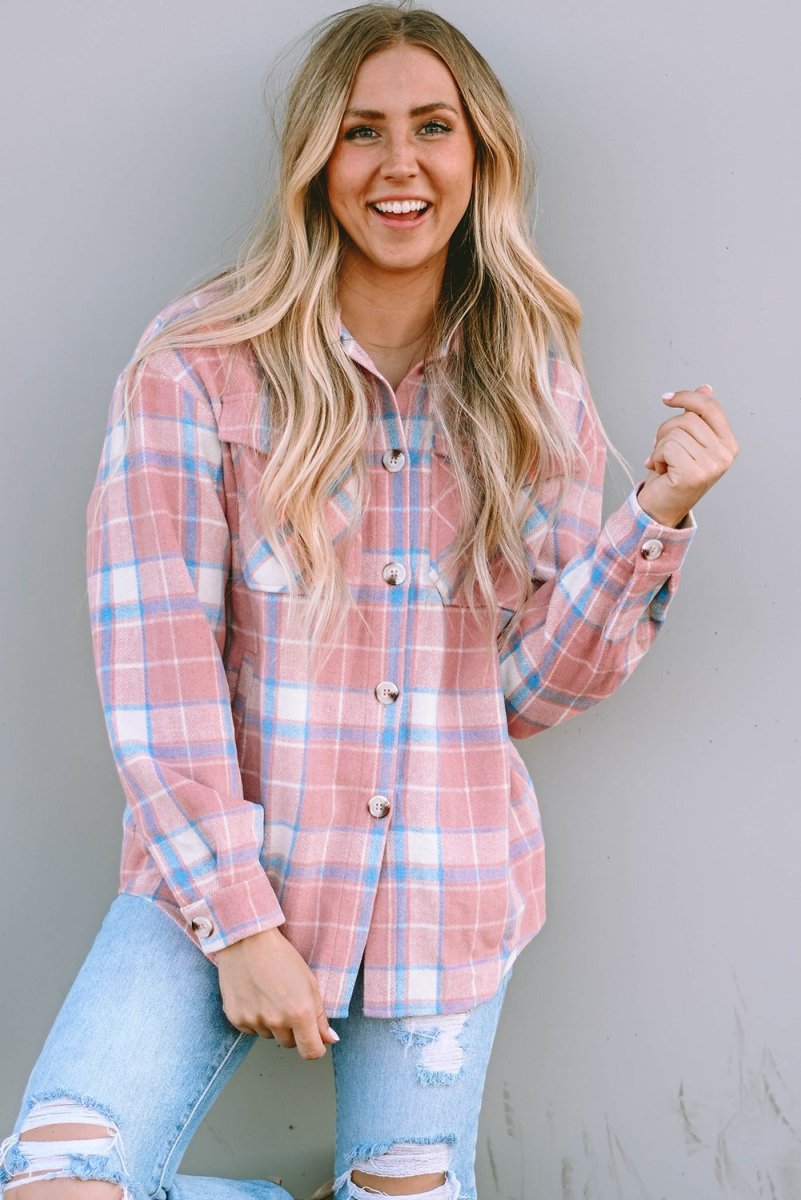 Plaid Pocketed Collared Neck Button Up Jacket - Outerwear