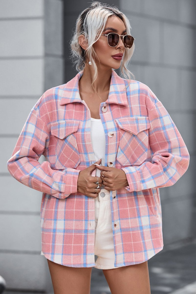 Plaid Pocketed Collared Neck Button Up Jacket - Outerwear