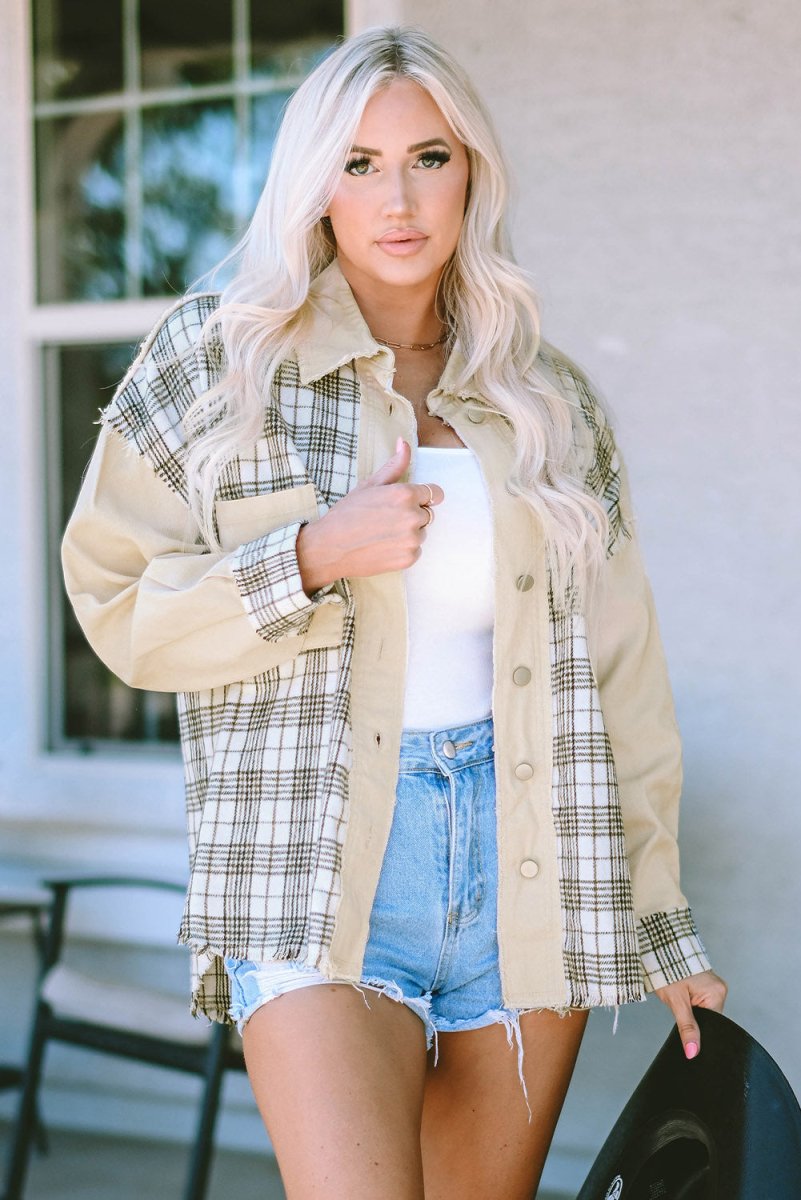 Plaid Raw Hem Button Down Jacket - Outerwear