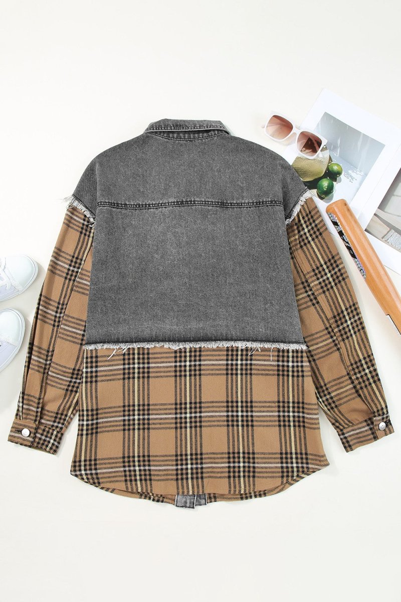 Plaid Raw Hem Button Up Denim Jacket - Outerwear