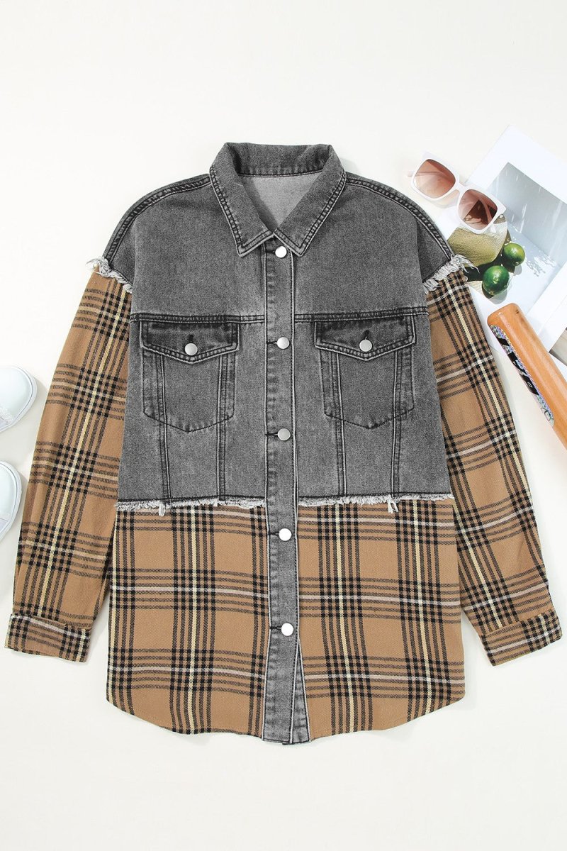 Plaid Raw Hem Button Up Denim Jacket - Outerwear