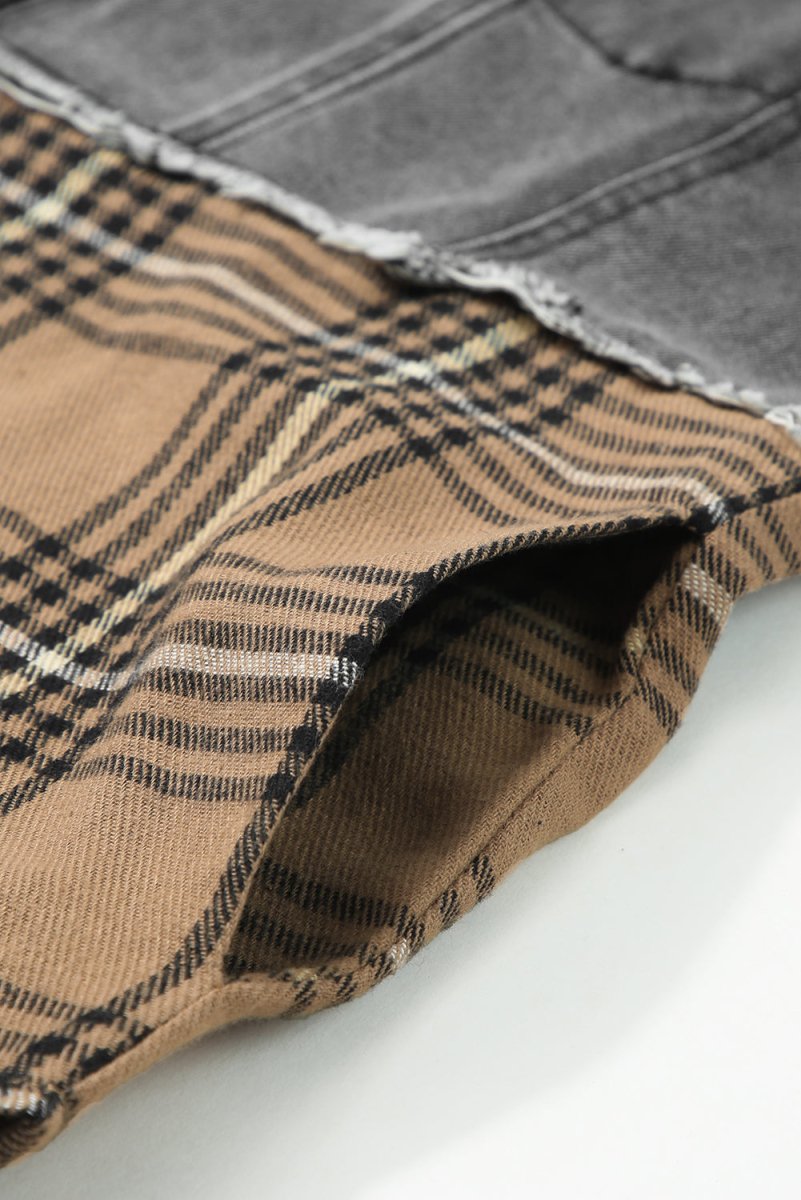 Plaid Raw Hem Button Up Denim Jacket - Outerwear
