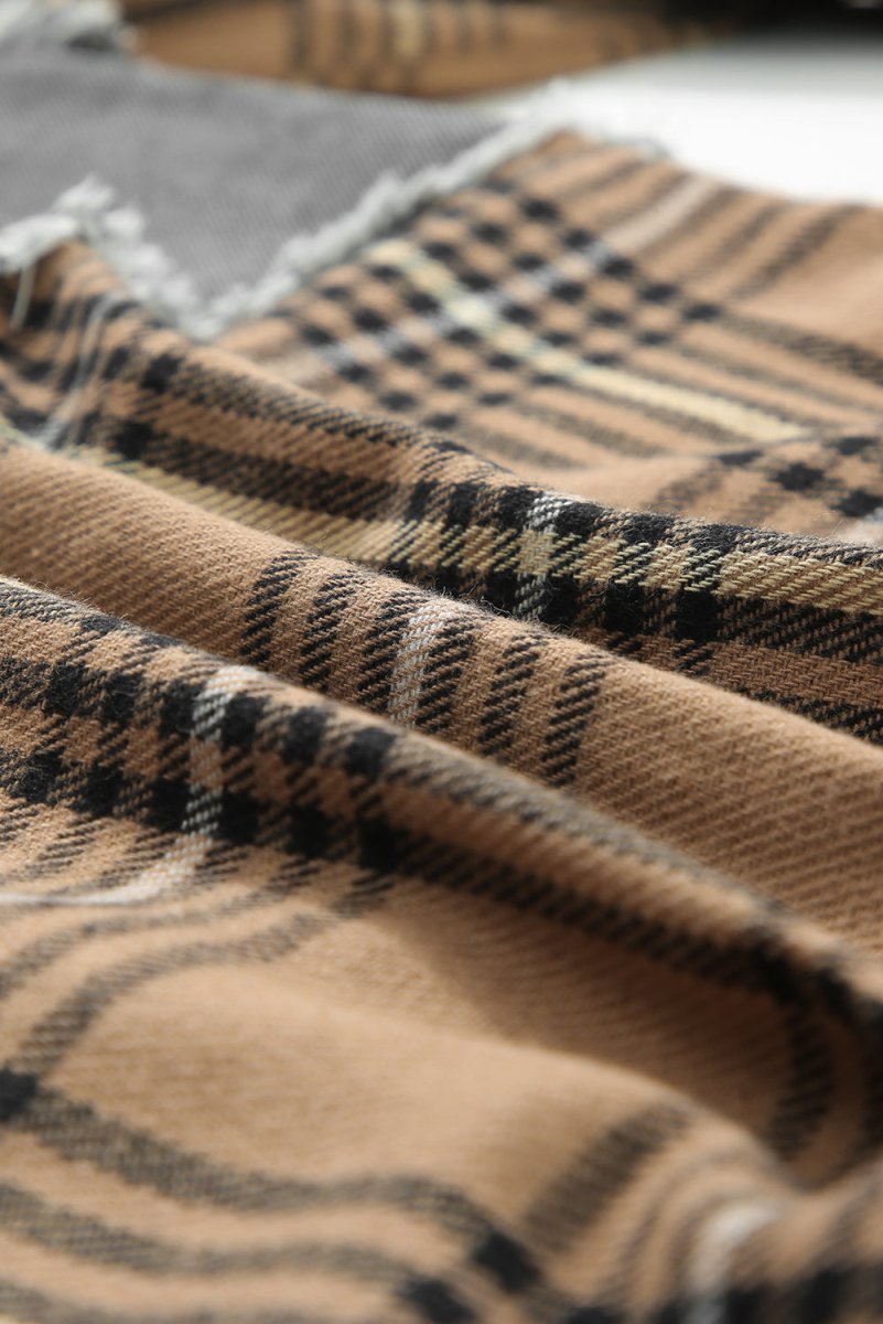 Plaid Raw Hem Button Up Denim Jacket - Outerwear