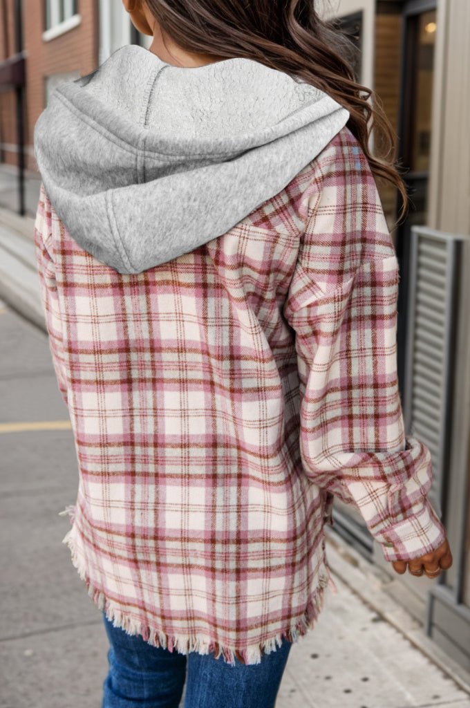 Plaid Raw Hem Drawstring Hooded Jacket - Outerwear