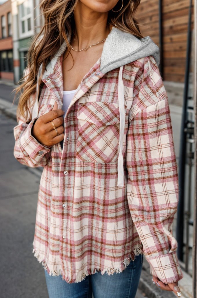 Plaid Raw Hem Drawstring Hooded Jacket - Outerwear
