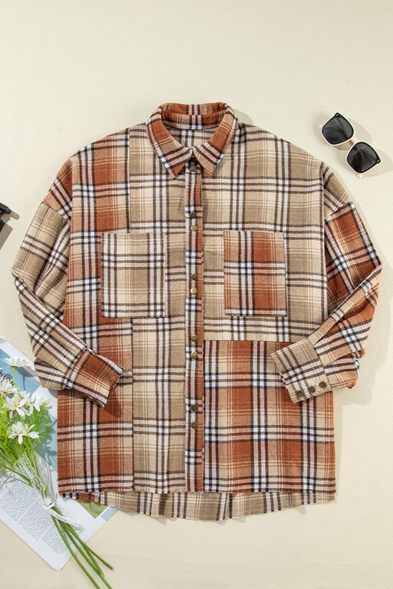 Plaid Snap Down Dropped Shoulder Shacket - Outerwear