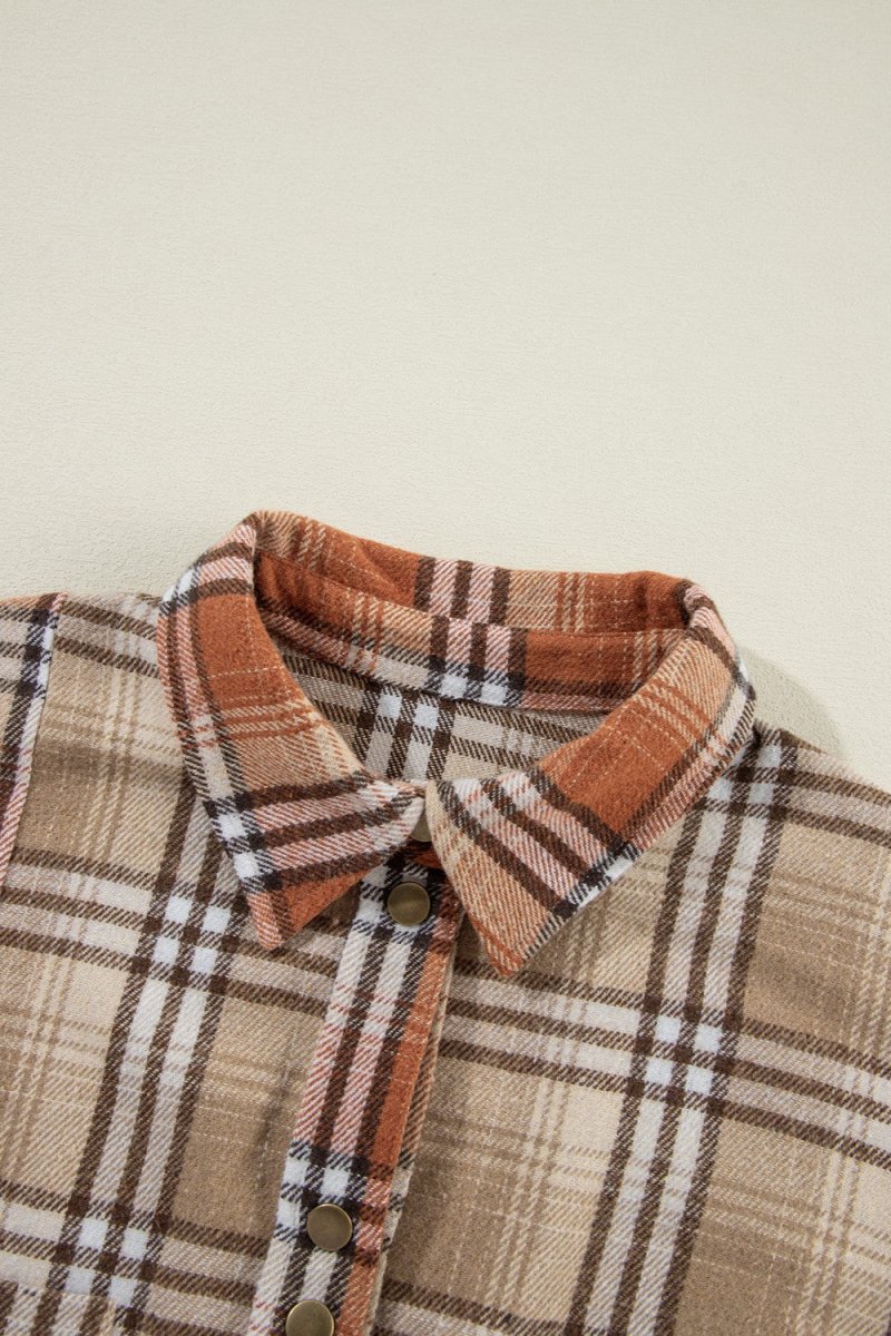 Plaid Snap Down Dropped Shoulder Shacket - Outerwear