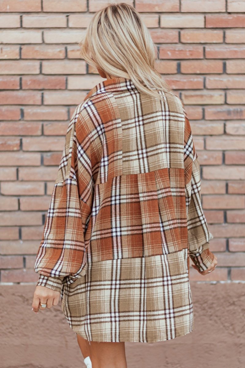 Plaid Snap Down Dropped Shoulder Shacket - Outerwear