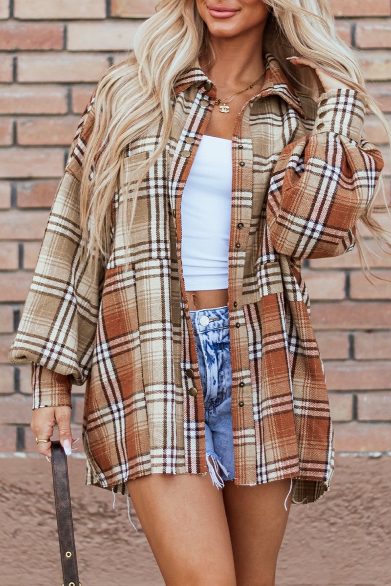 Plaid Snap Down Dropped Shoulder Shacket - Outerwear