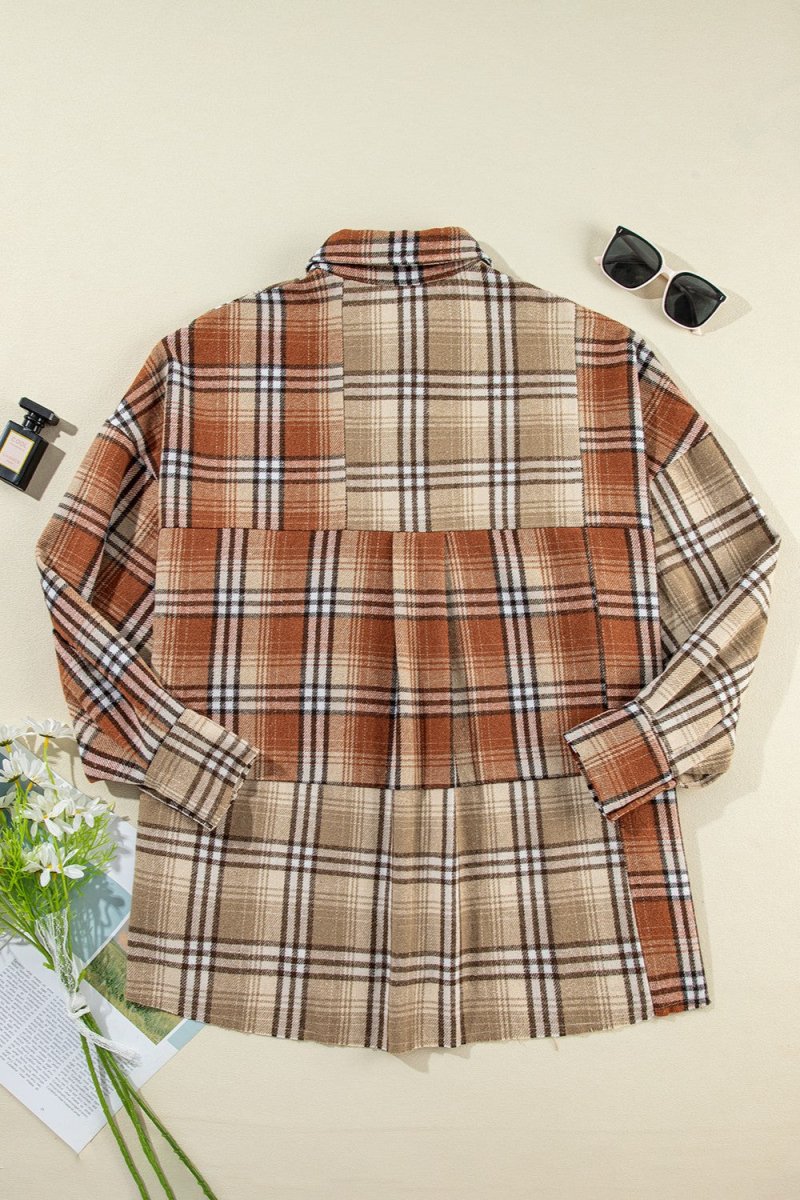 Plaid Snap Down Dropped Shoulder Shacket - Outerwear