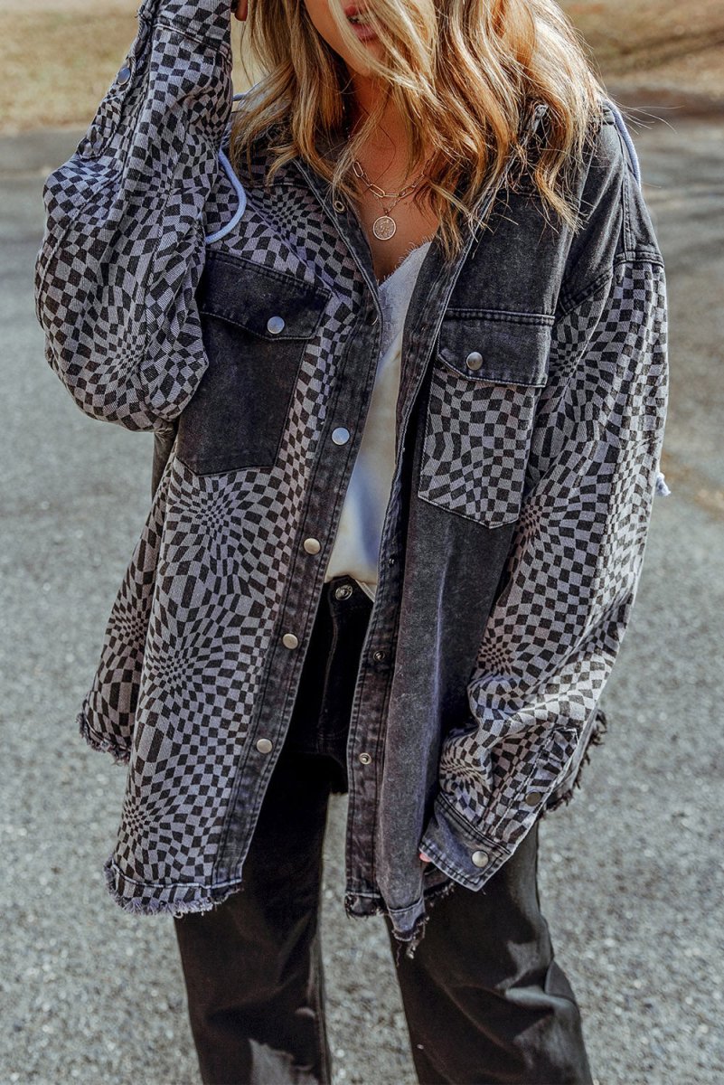 Plaid Snap Down Raw Hem Drawstring Hooded Jacket - Outerwear